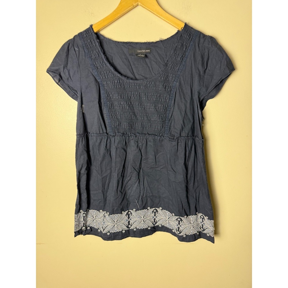 Calvin Klein Jeans Short Sleeve Top Womens M Blue Embroidered Casual